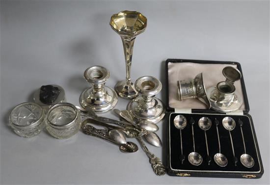 A group of small silver, including dwarf candlesticks and a spill vase.